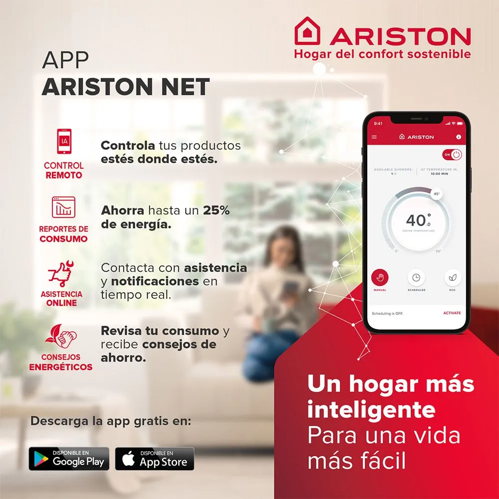 CONTROL INTELIGENTE Y CONECTIVIDAD TOTAL La experiencia de uso va un paso más allá gracias a su WiFi integrado, que permite controlar el equipo desde cualquier lugar mediante la app Ariston Net. Podrás ajustar la temperatura, programar horarios o monitorizar el consumo de forma sencilla y cómoda desde tu smartphone.
